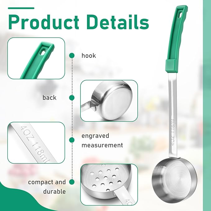 16 Pcs Portion Control Serving Spoons, Restaurant Measuring Serving Ladle Utensils, Portion Control Slotted Scoops for Weight Loss, Solid and Perforated Scoops(Green,4 oz)-Ruum Studio Home