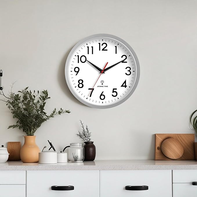 Atomic Wall Clock Analog 10 Inch Battery Operated Modern Decorative for Living Room Kitchen Office Bedroom Bathroom(Silver)