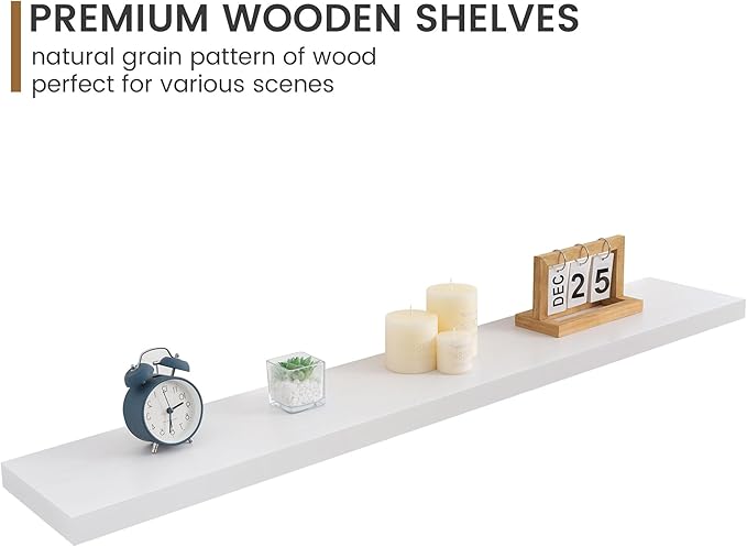 Fun Memories 48 Inch Floating Shelves for Wall, Deep Rustic Solid Pine Wood Shelf - Farmhouse Wall Mounted Display Shelf with Heavy-Duty Metal Bracket, 48" W x 8" D, Set of 1, White-Ruum Studio Home