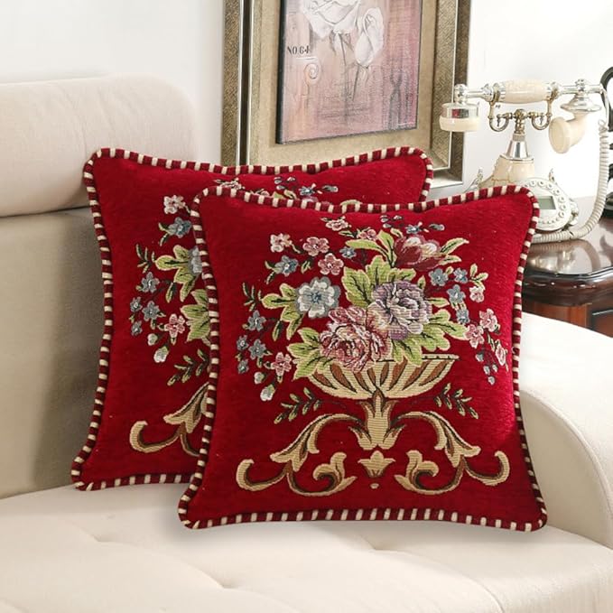 Set of 2 Red Vintage Embroidered Throw Pillows Covers 18x18in Sofa Couch,Red Floral Embroidered Cushion Cover for Sofa Bed Chairs Car-Ruum Studio Home