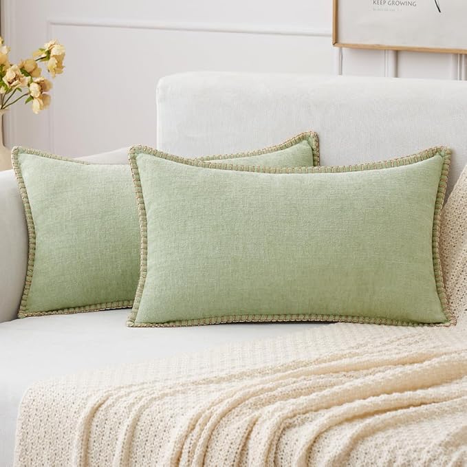 MIULEE Pack of 2 Couch Throw Pillow Covers 12x20 Inch Light Green Farmhouse Decorative Pillow Covers with Stitched Edge Soft Chenille Solid Dyed Spring Pillow Covers for Sofa Bed Living Room-Ruum Studio Home
