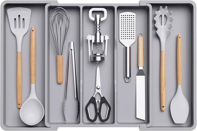 Lifewit Utensil Organizer for Kitchen Drawers, Expandable Cooking Utensil Tray, Adjustable Cutlery Silverware Flatware Holder, Plastic Kitchen Spatula Tools and Gadgets Storage Divider, Large, Gray-Ruum Studio Home