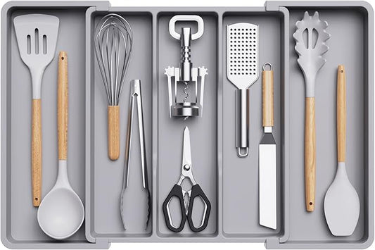 Lifewit Utensil Organizer for Kitchen Drawers, Expandable Cooking Utensil Tray, Adjustable Cutlery Silverware Flatware Holder, Plastic Kitchen Spatula Tools and Gadgets Storage Divider, Large, Gray-Ruum Studio Home