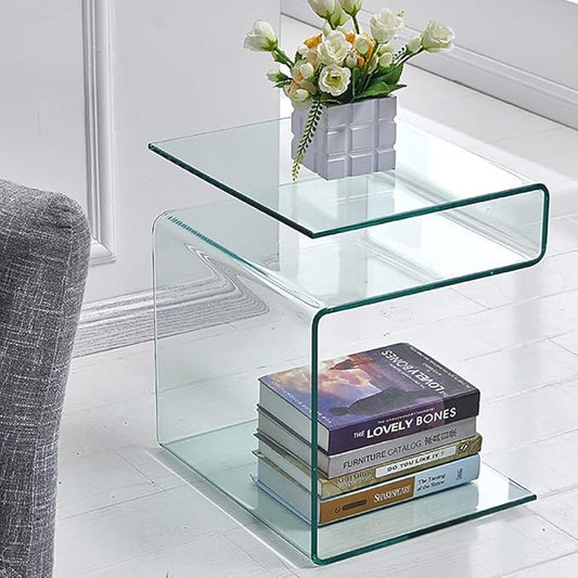 Glass Nightstand,Side Table,S-Shaped End Table for Living Room,Bedside Table for Bedroom (Clear)-Ruum Studio Home