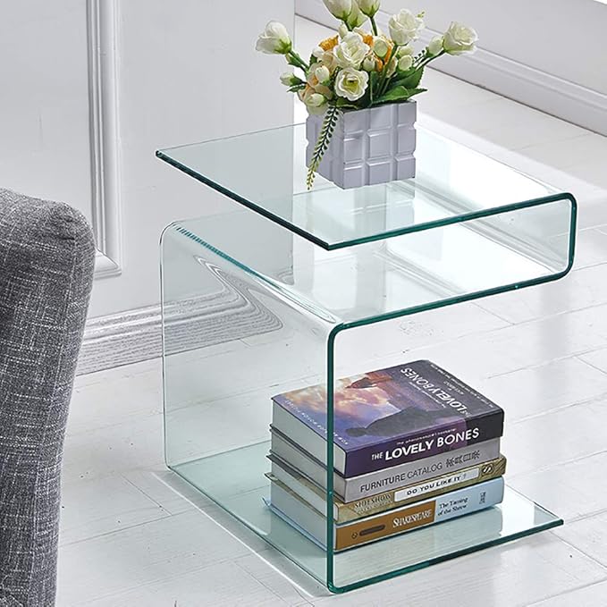 Glass Nightstand,Side Table,S-Shaped End Table for Living Room,Bedside Table for Bedroom (Clear)-Ruum Studio Home