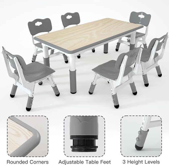 Kids Study Table and 6 Chairs Set,Height Adjustable Table and Chairs for Children and Toddlers,47.2"X23.6"Graffiti Desktop,Suitable for Daycare,Classrooms, Home-Ruum Studio Home