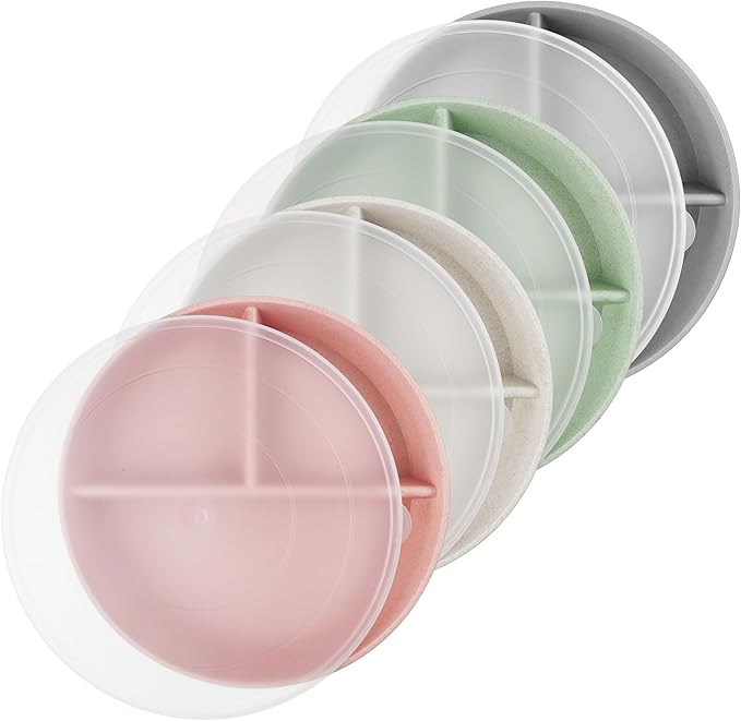greenandlife 9 Inch 4PCS Divided Plates with Lids, Portion Control Plates for Kids Adults, Dishwasher Microwave Safe Compartment Plate, Unbreakable Lightweight Reusable Wheat Straw Plate Set, INS-Ruum Studio Home
