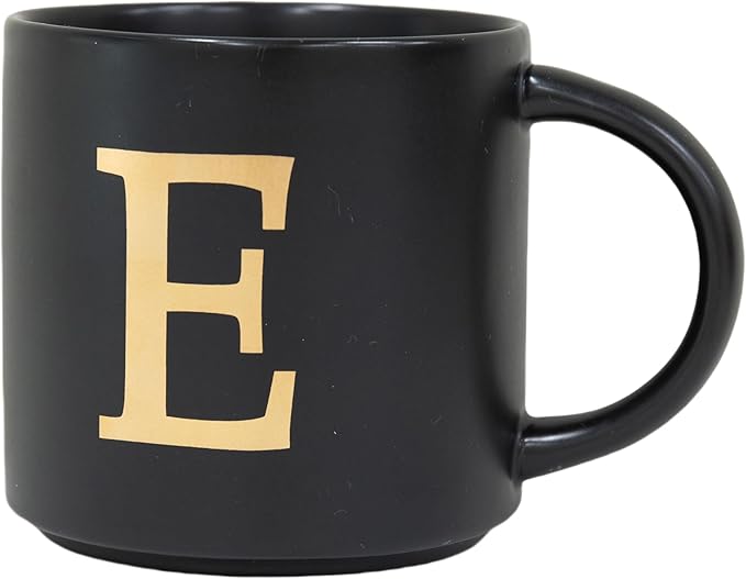 COLLECTIVE HOME - Monogram Ceramic Mugs, 15 oz Golden Initial Black Coffee Cups, Elegant Alphabet Tea Mugs, Elegant Personalized Mug with Gift Box, Unique Mug with Double Side Capital Lette (E)-Ruum Studio Home