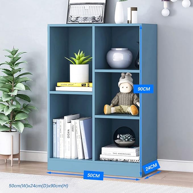 IOTXY Open Shelf Low Bookcase - Wooden 3-Tier Floor Standing Display Cabinet Organizer with Base, 5 Cubes Short Horizontal Bookshelf in Bright Blue-Ruum Studio Home