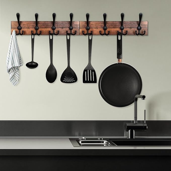 IBosins Wall Mounted Coat Rack, 31-2/5'' Long, Entryway Hanging Rack, Metal Wood Coat Hooks Rack with 8 Black Rustic Tri-Hooks Rail for Coat, Bag, Towel, Key, Hat, Umbrella-Ruum Studio Home
