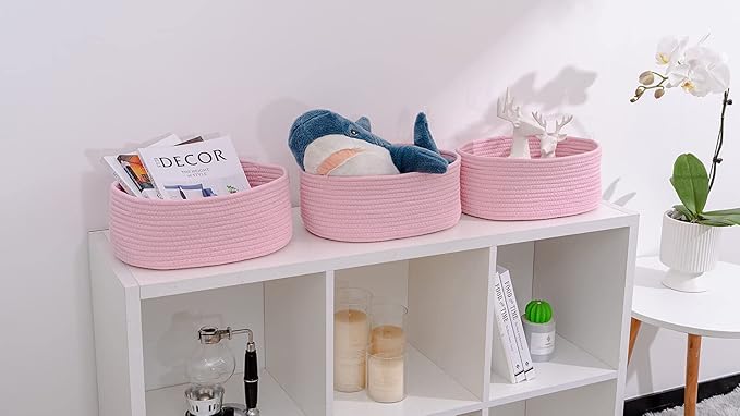 Cute Baskets for Shelf Storage Small Woven Basket to Store and Organize Daily Items/Durable Rope Basket for Living Room, Bedroom,Playroom/Oval-13x8.66x5.11’’,Stylish 3 Packs Pink-Ruum Studio Home