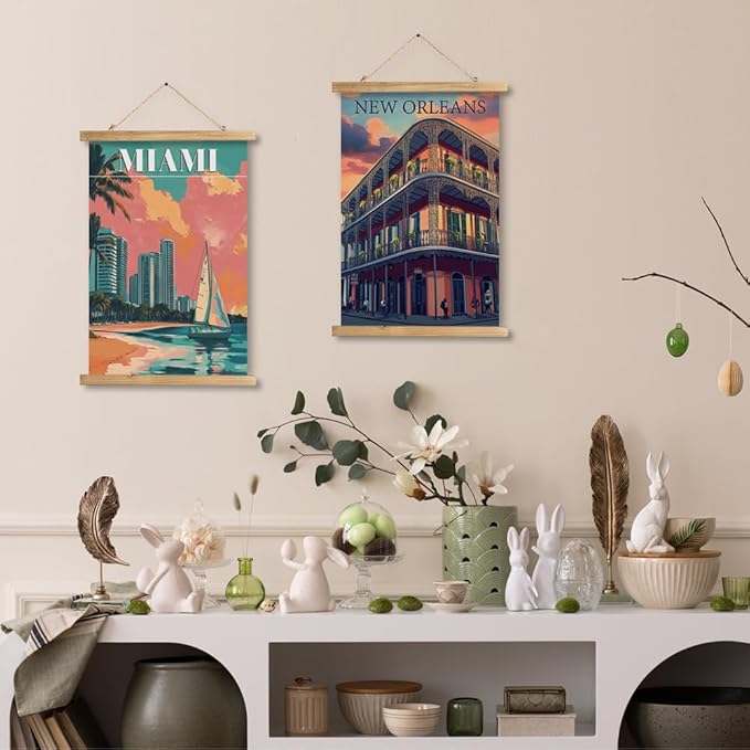 WREVERW Vintage Miami Poster Canvas Print with Wooden Hanger Frame, Featuring Palm Trees, High-Rise Buildings, and Sailboats, Wall Art for Home and Office Decor, 16x23 inches-Ruum Studio Home