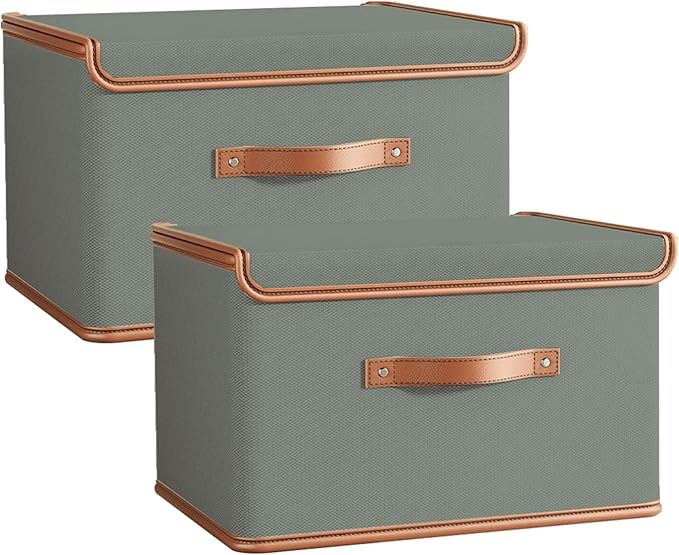 Tuza 2 Pack Storage Bins with Lids, Collapsible Closet Organizer Container, Fabric Organizer Box with Handles, Decorative Storage Boxes with Lids for Organizing Clothes, Blanket, Grey, Extra Large-Ruum Studio Home