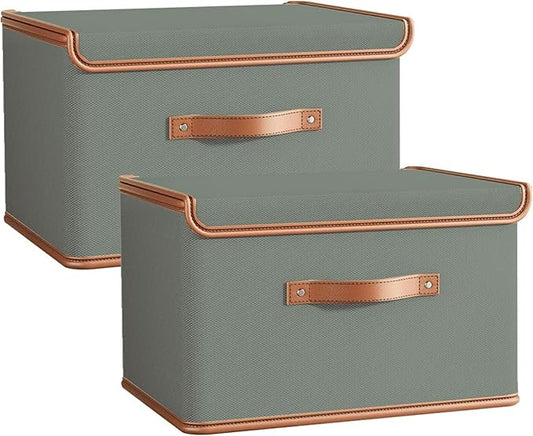 Tuza 2 Pack Storage Bins with Lids, Collapsible Closet Organizer Container, Fabric Organizer Box with Handles, Decorative Storage Boxes with Lids for Organizing Clothes, Blanket, Grey, Extra Large-Ruum Studio Home