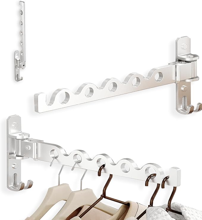 Dr.DJ Wall Hanger for Clothes, Coat Hanger Wall Mounted Silver Retractable Clothes Drying Organizer Rack Garment Hooks Aluminium Folding Indoor Space Save (2 Racks) Silver-Ruum Studio Home