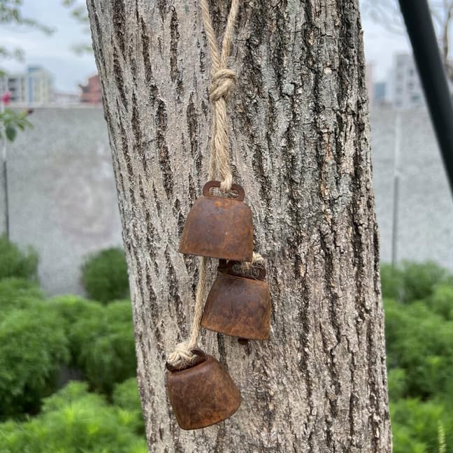 2pc Rustic Charm Bell - Handmade Hemp Rope Wind Chimes Hanging Decoration, Distressed Finish Cow Bell with Jute Hanging Rope, Perfect for Front Door, Outdoor, Window, and Home Decor,-Ruum Studio Home