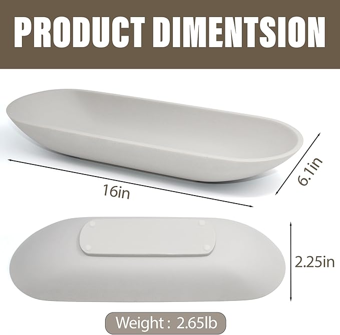 Large Decorative Bowl for Home Decor - Long Dough Bowls with Anti Slip Base for Table Centerpieces - Grey Minimalist Design Dough Decor Bowl for Coffee Table, Dining Table Centerpiece-Ruum Studio Home