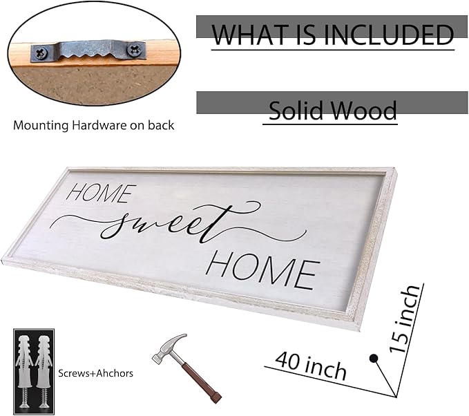 Home Sweet Home Sign Wall Decor 40"x15" Above Bed Living Room Large Wooden Framed Family Plaques Art (White)-Ruum Studio Home