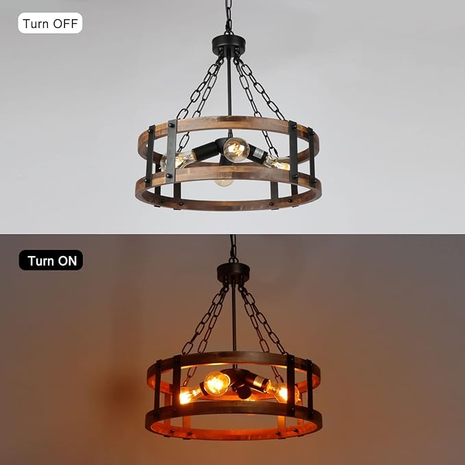 Farmhouse Rustic Wood Chandelier, 4-Light Industrial Drum Chandelier for Dining Room Vintage Pendant Hanging Light Fixture with Black Metal Accent for Kitchen Living Room Dining Area-Ruum Studio Home