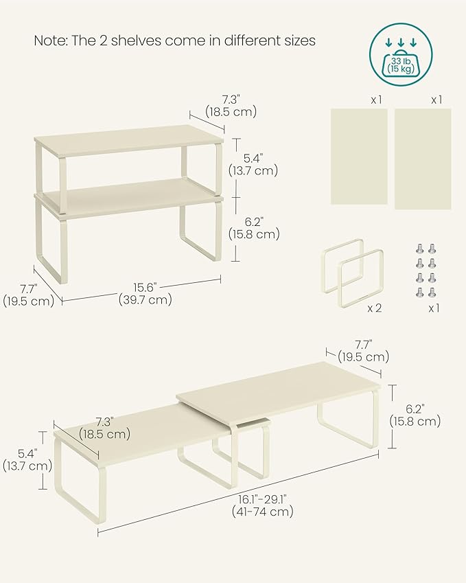 SONGMICS Cabinet Organizer Shelf, Set of 2 Kitchen Counter Shelves, Kitchen Storage, Spice Rack, Stackable, Expandable, Metal and Engineered Wood, Cream White UKCS200W02-Ruum Studio Home