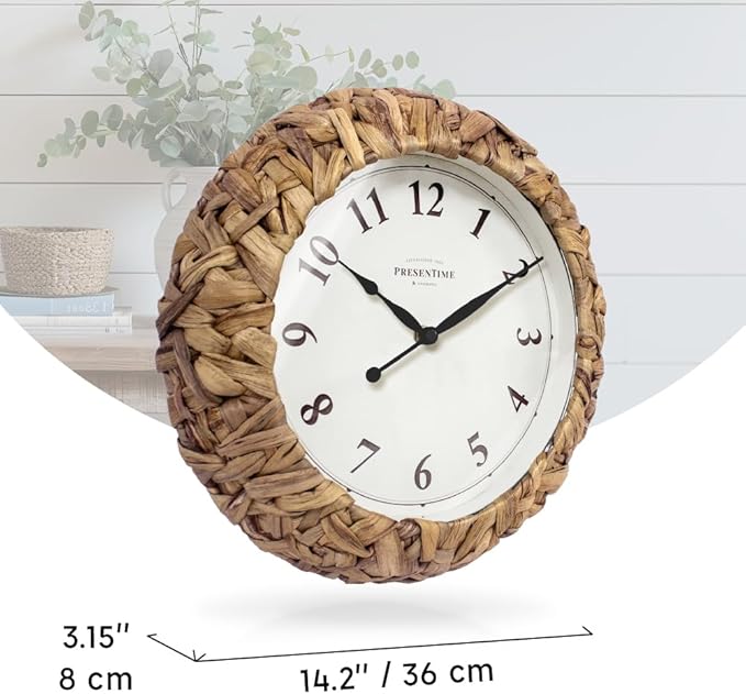 Presentime & Co. Farmhouse Series, Rustic Woven Clock, 14 inch, Natural Woven Water Hyacinth/Sea Grass. Wall Sculpture, Wall Art and Timepiece for Home Decoration/Decoration/Farmhouse Décor-Ruum Studio Home