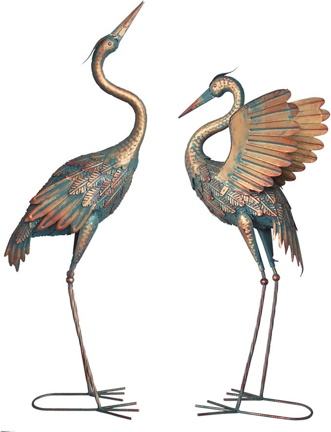 33-37 Inch Metal Crane Garden Statue Décor, Bird Heron Garden Sculpture & Statues, Outdoor Decoration for Yard Pond Lawn Backyard Pool, Vintage Spread Wings Crane, Set of 2 Copper…-Ruum Studio Home