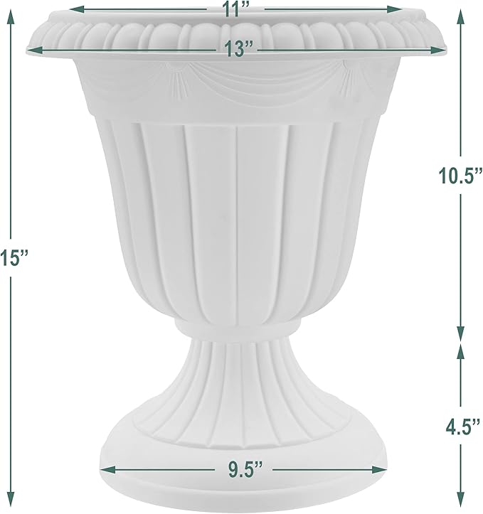 PL10WW Classic Traditional Plastic Urn Planter, 15" x 13", Whitewash-Ruum Studio Home