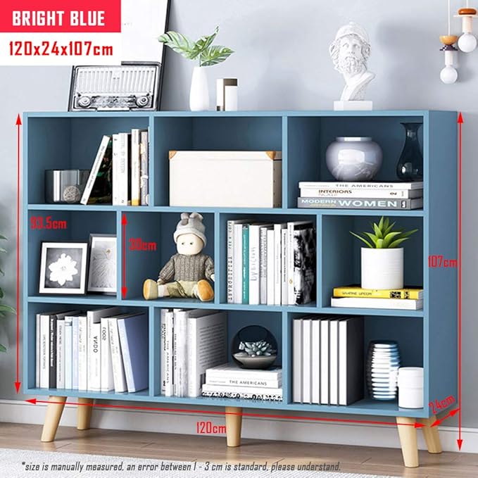 IOTXY Wooden Open Shelf Bookcase - 3-Tier Floor Standing Display Cabinet Rack with Legs, 10 Cubes Bookshelf, Bright Blue-Ruum Studio Home