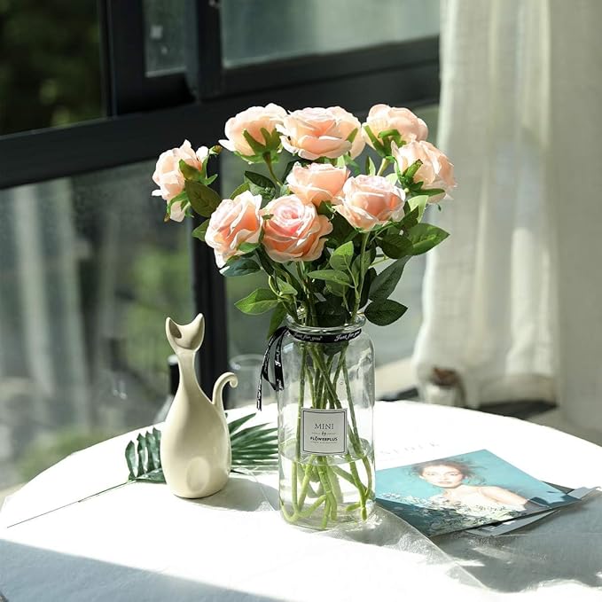 Pink Fake Roses Artificial Flowers - 10 Pcs Fake Artificial Roses Silk Flowers with Stems for Home Wedding Hotel Office Centerpiece Decor（Champagne Pink）-Ruum Studio Home