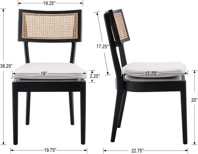 Rattan Dining Chairs Set Of 2 , Mid Century Modern Black Wooden Cane Back Chairs with Removable Linen Cushion , Retro Farmhouse Upholstered Kitchen & Dining Room Chairs for Restaurant Living Room-Ruum Studio Home