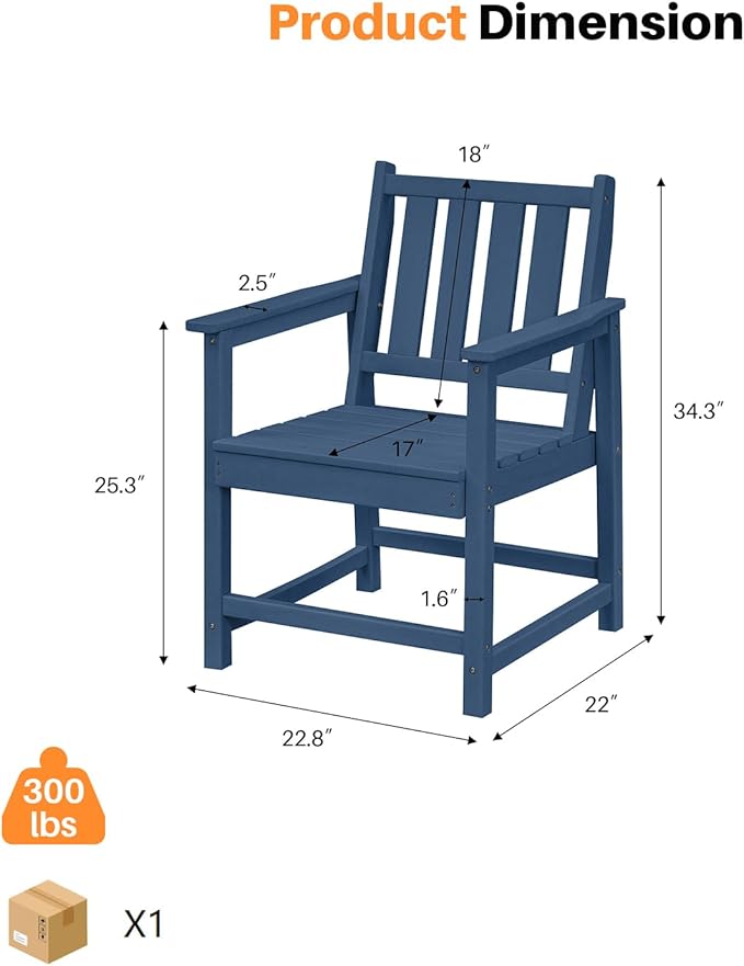 Patio Dining Chair Set of 2, HDPE Outdoor Dining Chair, Ergonomic HDPE Dining Chairs with Deep Seating, All Weather Outdoor Chairs Furniture for Backyard, Deck, Garden, Poolside, Navy-Ruum Studio Home