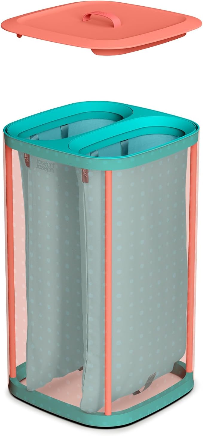Joseph Joseph Tota Pop 60 liter/15.8 gallon Laundry Hamper Separation Basket with lid, 2 Removable Washing Bags with Handles- Coral/Green-Ruum Studio Home