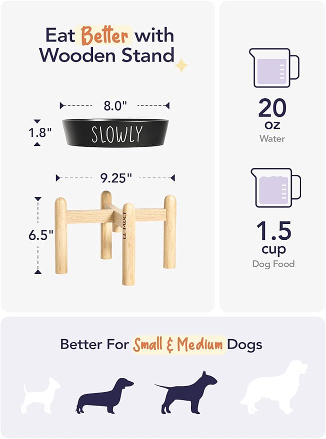 Ceramic Slow Feeder Bowl Elevated - 1.5 Cup with Wood Stand for Small & Medium Breed, Anti-Gulping, Black-Ruum Studio Home