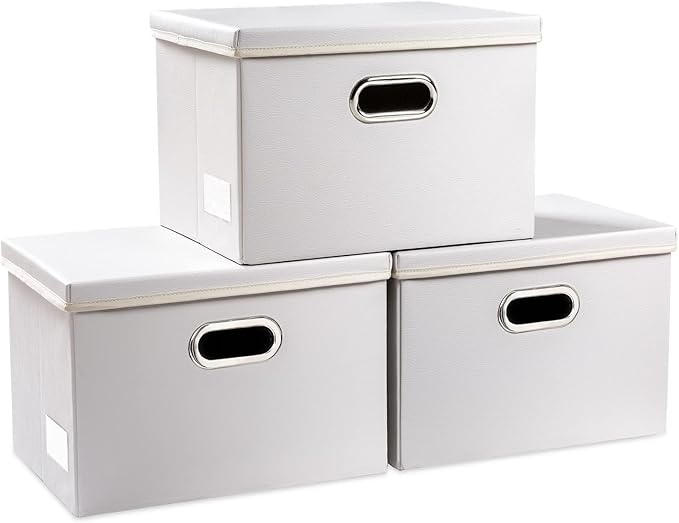 PRANDOM Collapsible Storage Bins with Lids [3-Pack] Leather Fabric Foldable Storage Boxes Organizer Containers Baskets Cube with Cover for Bedroom Closet Office Nursery White (14.9x10.8x10)-Ruum Studio Home