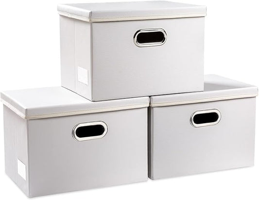 PRANDOM Collapsible Storage Bins with Lids [3-Pack] Leather Fabric Foldable Storage Boxes Organizer Containers Baskets Cube with Cover for Bedroom Closet Office Nursery White (14.9x10.8x10)-Ruum Studio Home
