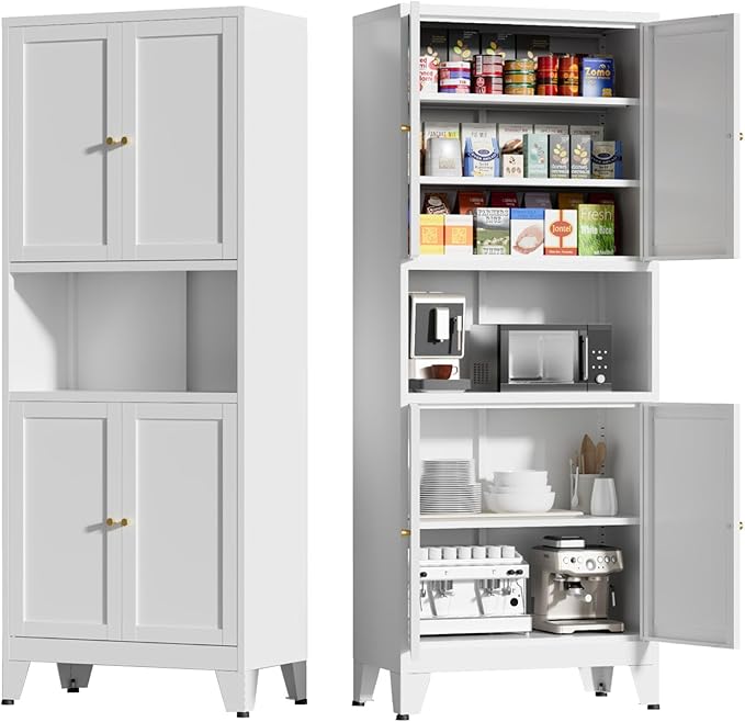 69" Tall Kitchen Pantry Cabinet, Metal Storage Cabinet with 4 Doors and Adjustbale Shelves, Freestanding Cupboards for Dining Room, Living Room, Bathroom-Ruum Studio Home