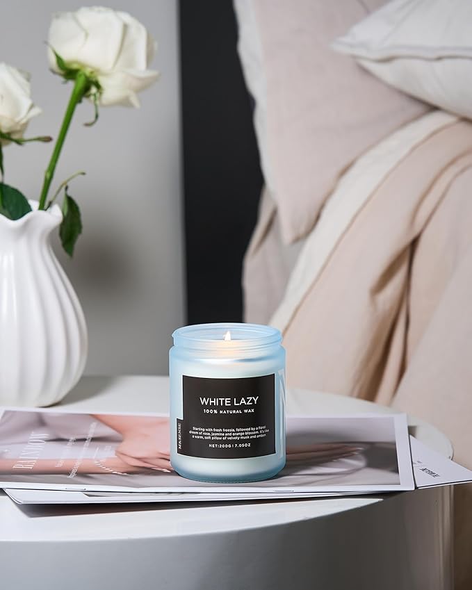 M&SENSE White Lazy - Clean Cotton & Jasmine Scented Natural Soy Wax Jar Candles for Home Decor 7.05oz 50 Hour Long Lasting Burning, Non Toxic Organic Natural Relaxing Candle for Women-Ruum Studio Home