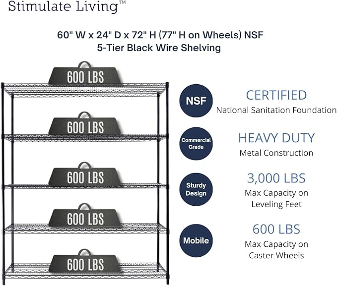 60"x24"x72" PRIME HEAVY DUTY Black 5-Tier Wire Shelving NSF 3000 LBS MAX Capacity Storage Rack for Commercial, School, Home, Garage, Warehouse, Industrial, and Hospital Uses (with Wheels)-Ruum Studio Home