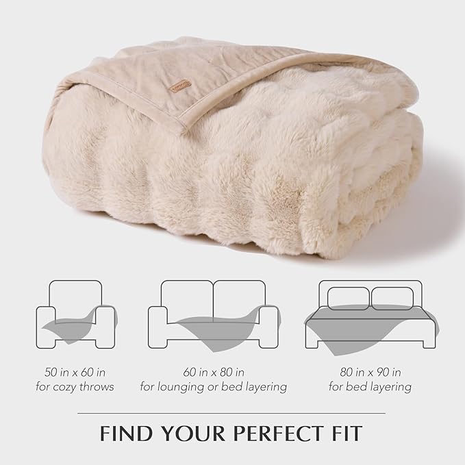 EVERGRACE Ultra Soft Luxury Fluffy Ridgeline Faux Rabbit Fur Throw Blanket, Thick Warm Bubble Throw for Bed, Cozy Plush Reversible Blankets for Couch, Chair, Sofa, Cream, 50x60 Inches, 870 GSM-Ruum Studio Home