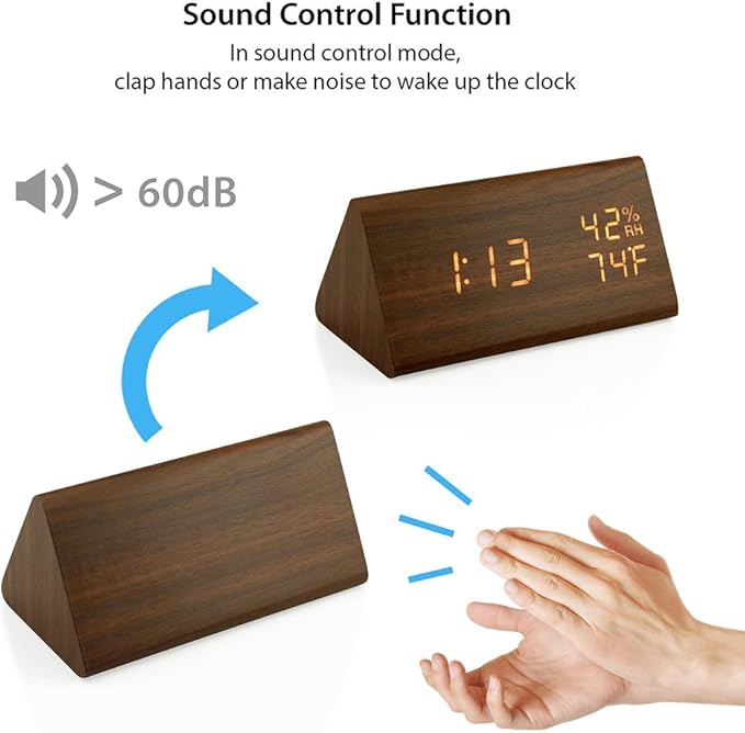 OCT17 Wooden Alarm Clock, Smart LED Digital Clock for Bedroom/desks, Upgraded with Time Temperature, Adjustable Brightness and Voice Control, Humidity Displaying - Brown-Ruum Studio Home