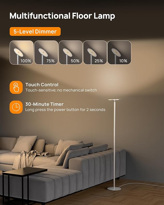 TROND Floor Lamp, 5000LM Super Bright Sky LED Modern Torchiere Standing Lamp, 3000K Warm White with 5-Level Dimmable, 71 in Tall Pole Light, 30-Minute Timer, Modular Rod, Wall Switch Compatible-Ruum Studio Home