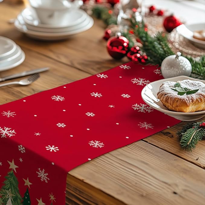 GEEORY Christmas Table Runner 13x48 Inch, Xmas Trees Snowflakes Holiday Decorative Farmhouse Table Decoration for Kitchen Dinning, Indoor Outdoor Dinner Party Decor (Red) GT150-48-Ruum Studio Home