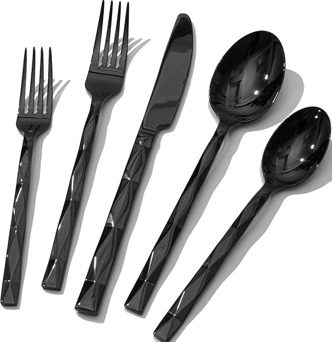 KINGSTONE Black Silverware Set, Luxury 20 Piece Flatware Set for 4, 18/10 Stainless Steel Cutlery Set with Diamond Cut Pattern for Kitchen, Home, Wedding, Party, Mirror Polished and Dishwasher Safe-Ruum Studio Home