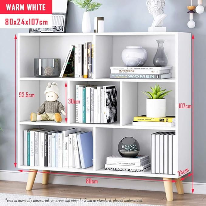 IOTXY Wooden Open Shelf Bookcase - 3-Tier Floorstanding Display Cabinet Rack with Legs, 7 Cubes Free Standing Bookshelf, Warm White-Ruum Studio Home