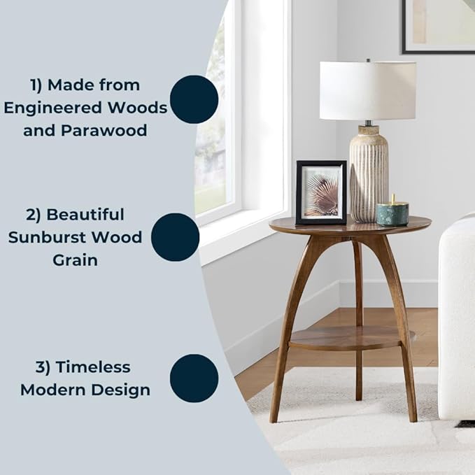 Martin Svensson Home Round Wood Walnut Brown 20" Living Room End Side Accent Table Nightstand with Storage Shelf-Ruum Studio Home