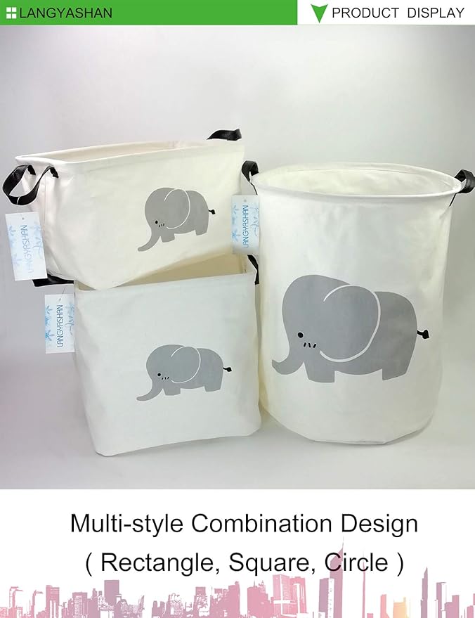 LANGYASHAN Rectangular Storage Bin Collapse Canvas Fabric Cartoon Storage Basket with Handles for Organizing Home Kitchen Boys and Girls Toys Office Closet Shelf Baskets (REC Elephant)-Ruum Studio Home