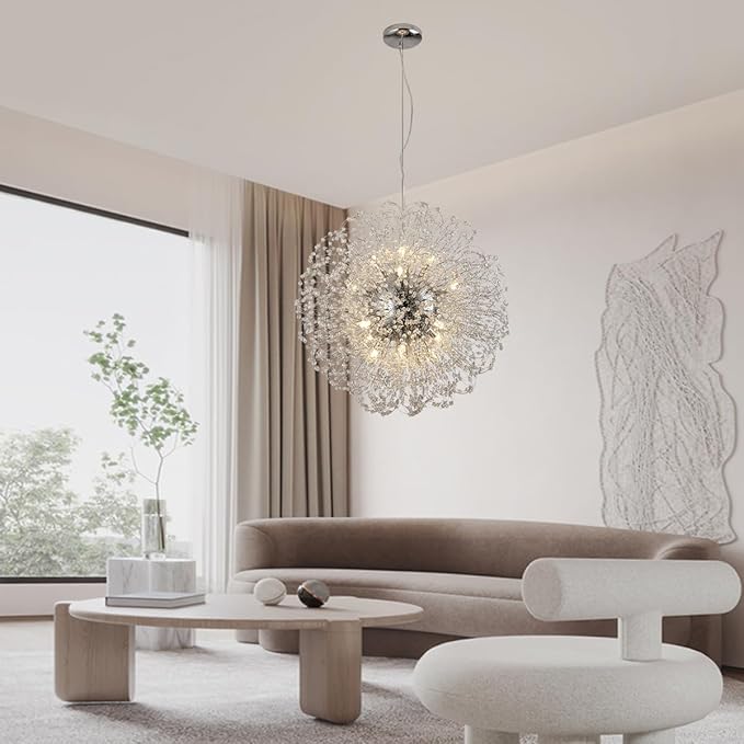 Dandelion Crystal Chandelier with Chrome, Modern Large Sputnik Hanging Lamp, Sunflower Beaded Pendant Light Fixtures High Ceiling for Living Room Bedroom Dining Room (Chrome 16Lights)-Ruum Studio Home