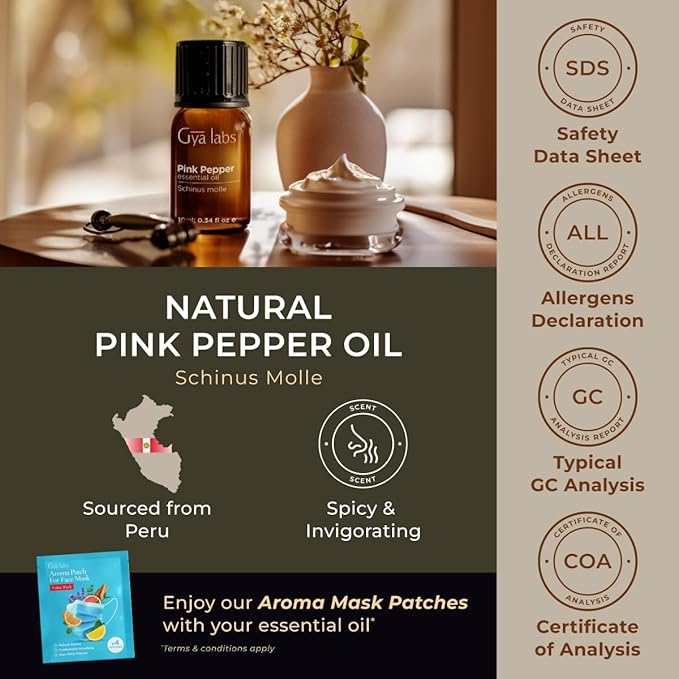 Gya Labs Pink Pepper Essential Oil for Skin - 0.34 Fl Oz - 100% Pure Natural Pink Pepper Oil for Diffuser, Face, Massage Aromatherapy ,DIY & Candle Making Scent-Ruum Studio Home