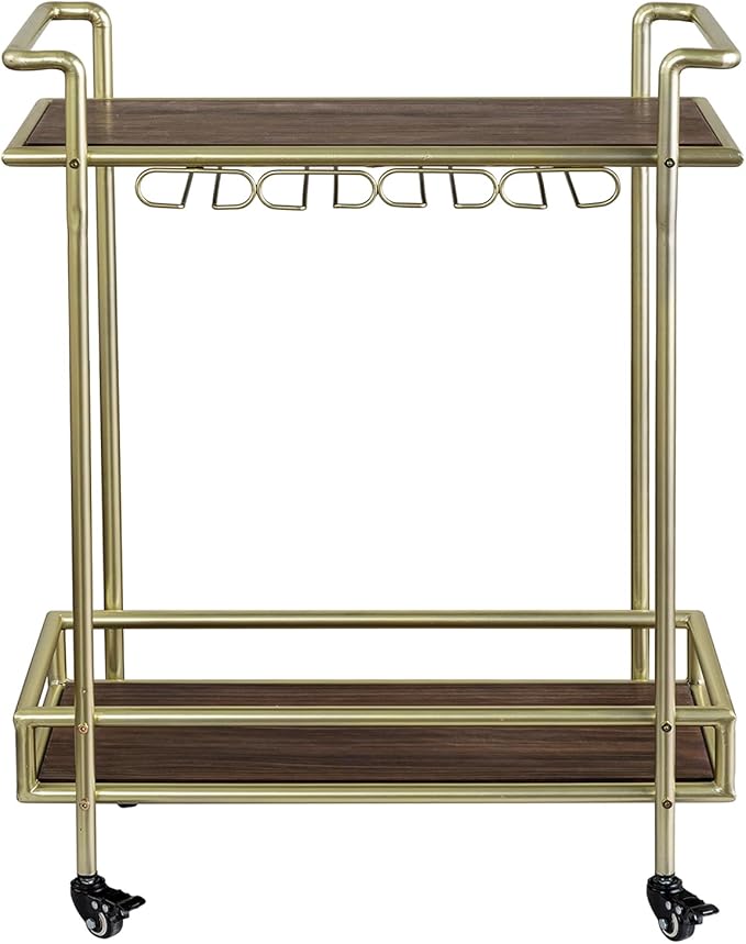 MyGift 2 Tier Rolling Bar Cart, Vintage Brass Tone Metal Cocktail and Wine Trolley with Burnt Wood Shelf Trays, Wine Glass Stemware Holder Rack and Lockable Wheels-Ruum Studio Home