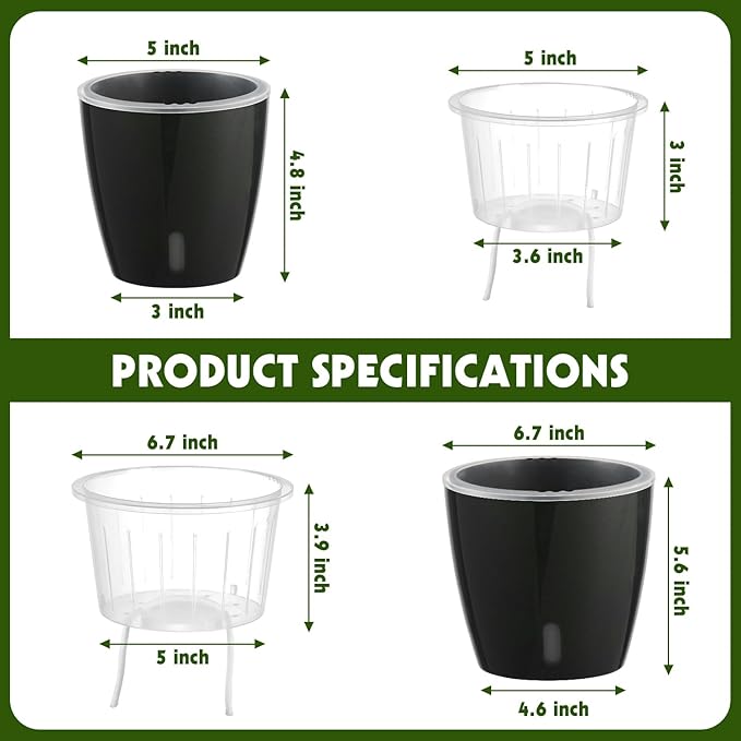 Self Watering Pots for Indoor Plants, 6-Pack 5'' Self Watering Planter with Drainage Holes, Small African Violet Pots with Water Indicator, Clear Wick Orchid Pot, Black-Ruum Studio Home